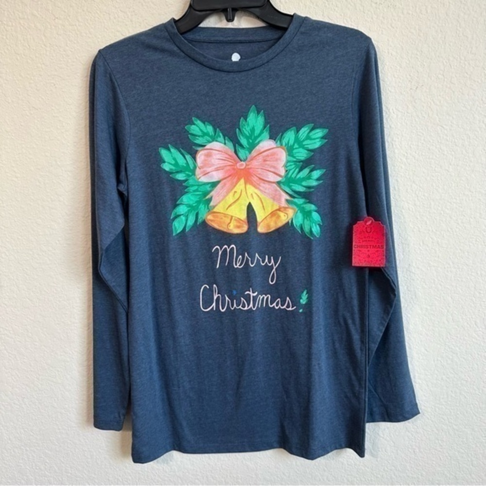 St. Jude Merry Christmas T-Shirt Blue Long Sleeve Holiday Bells Graphic Tee NWT